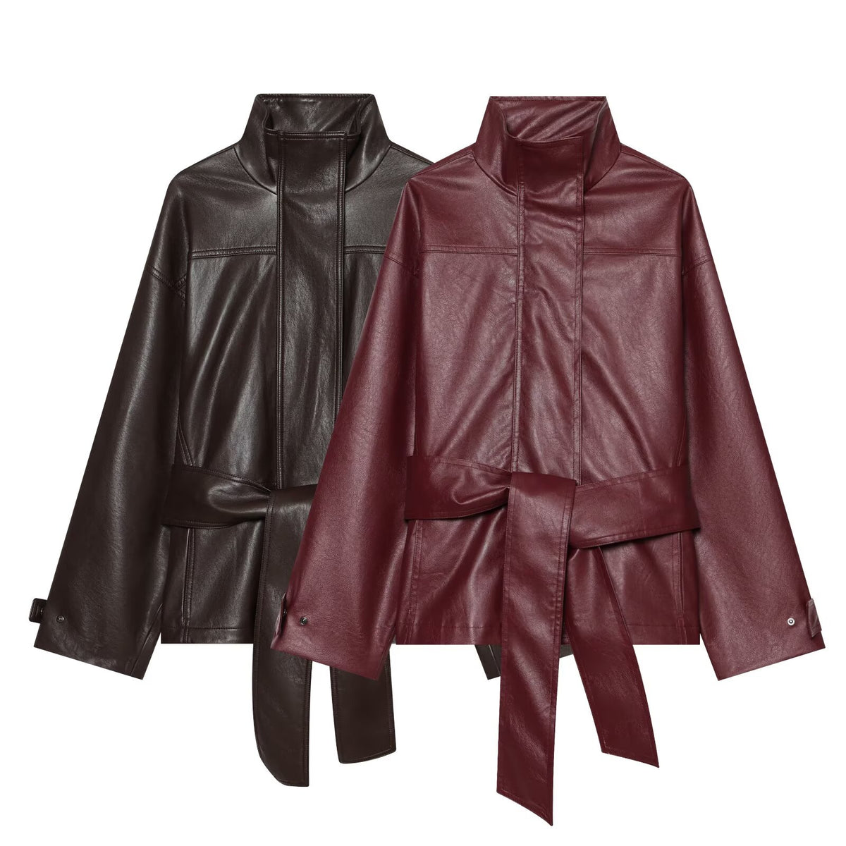 Women's with belt standing collar faux leather Coat