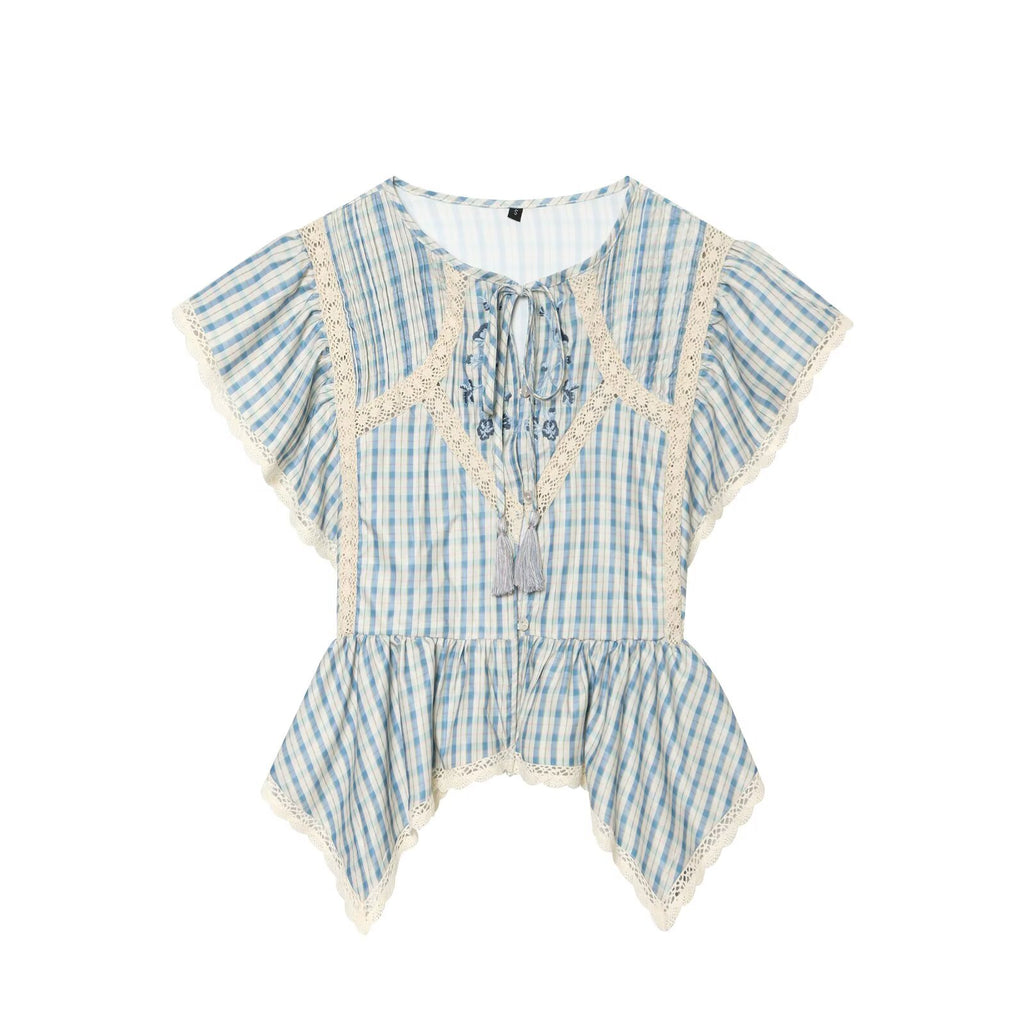 Women's embroidered Plaid short sleeved top