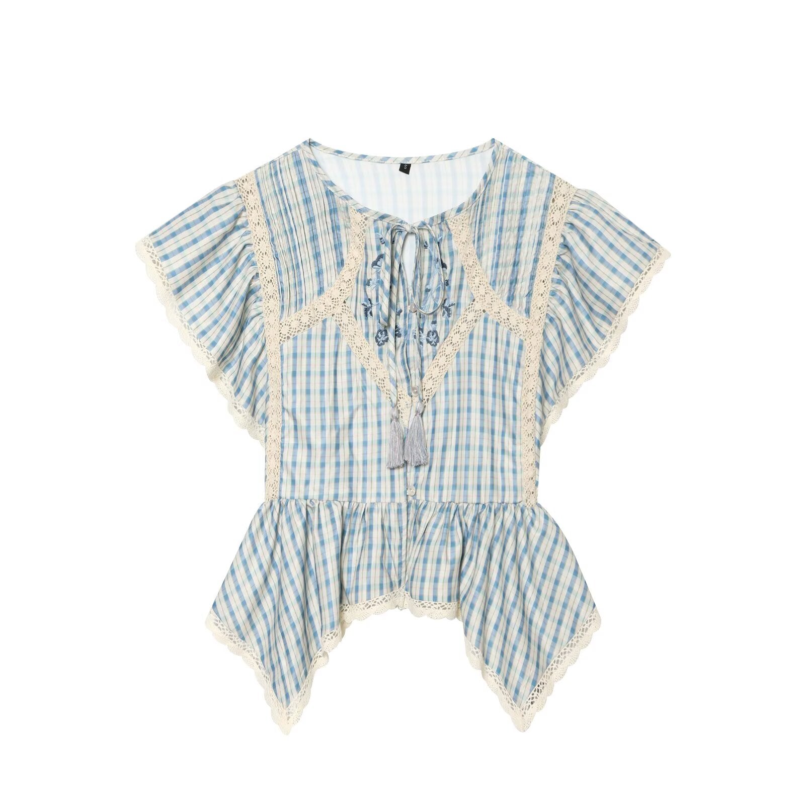 Women's embroidered Plaid short sleeved top