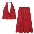 suit Women's 2 pieces linen blend halter neck top+Skirts