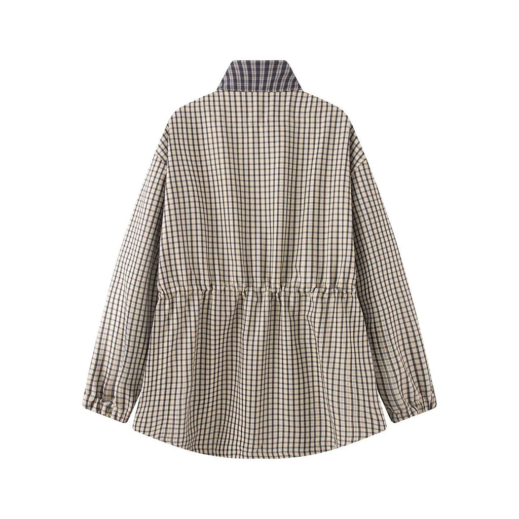 Women's casual stand collar waist cinched plaid Coat