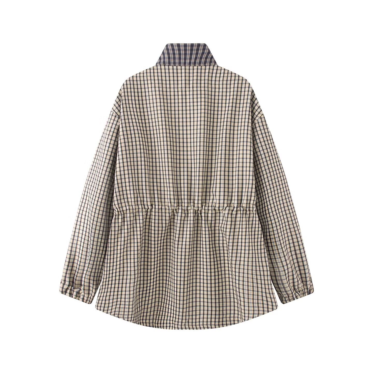 Women's casual stand collar waist cinched plaid Coat