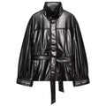 Women's with belt faux leather stand collar Coat