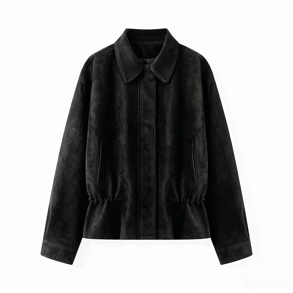 Women's suede textured waist cinched retro jacket