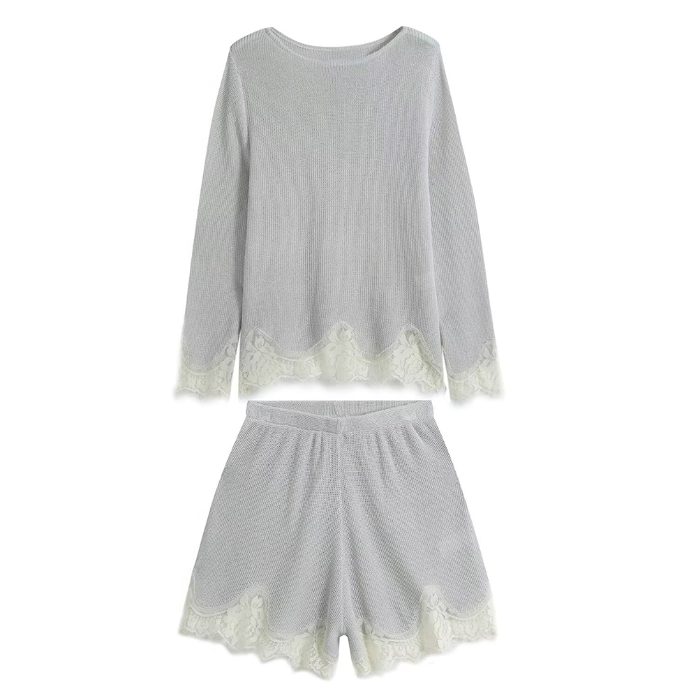 suit Women's 2 pieces lace O Neck long sleeved knitted top+Shorts