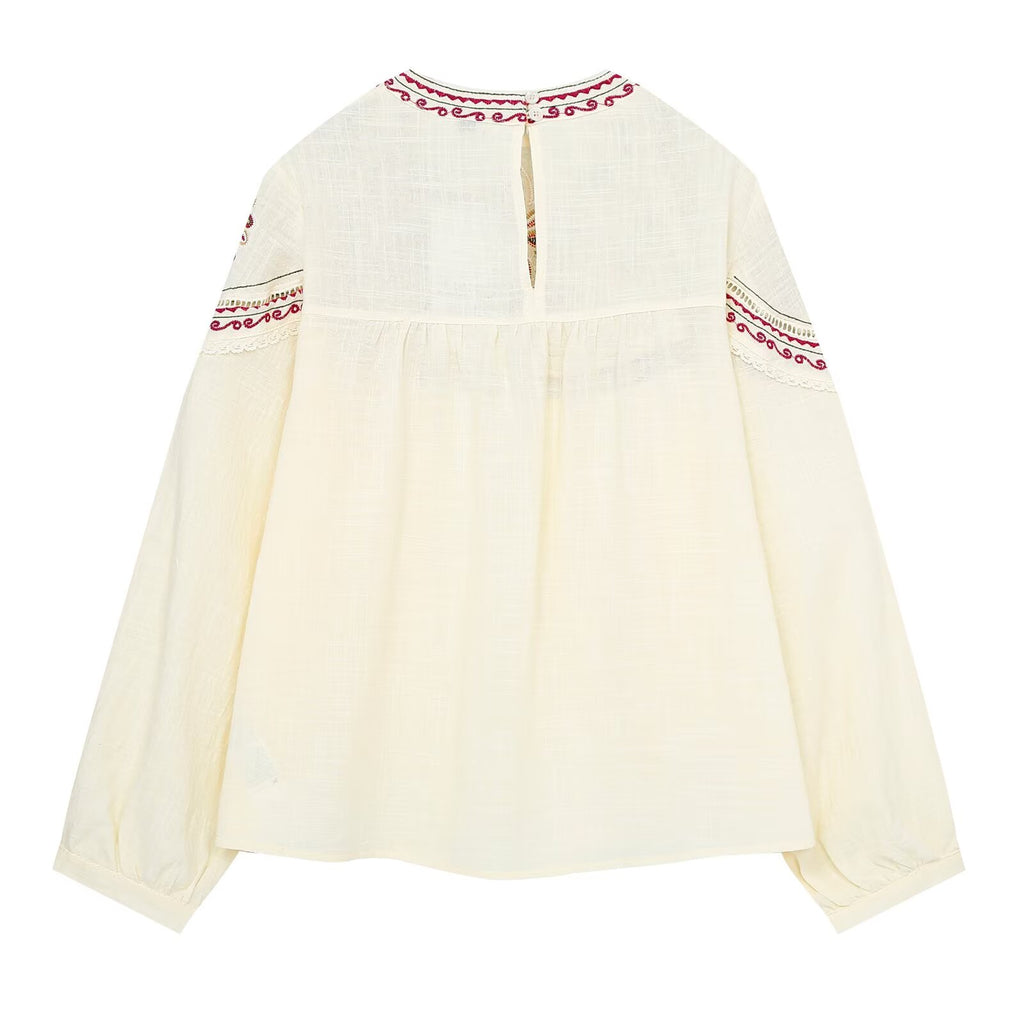 Women's embroidered decorative round neck pleated shirt