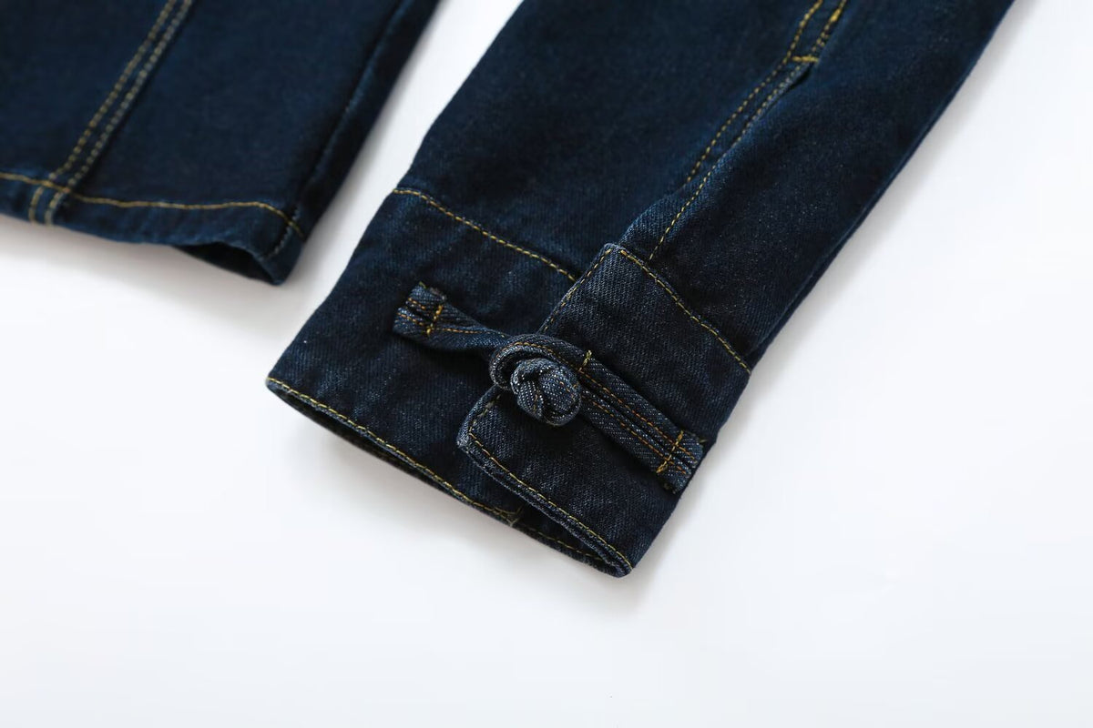 suit Women's 2 pieces slim rope knot buckle denim jacket Coat+jeans
