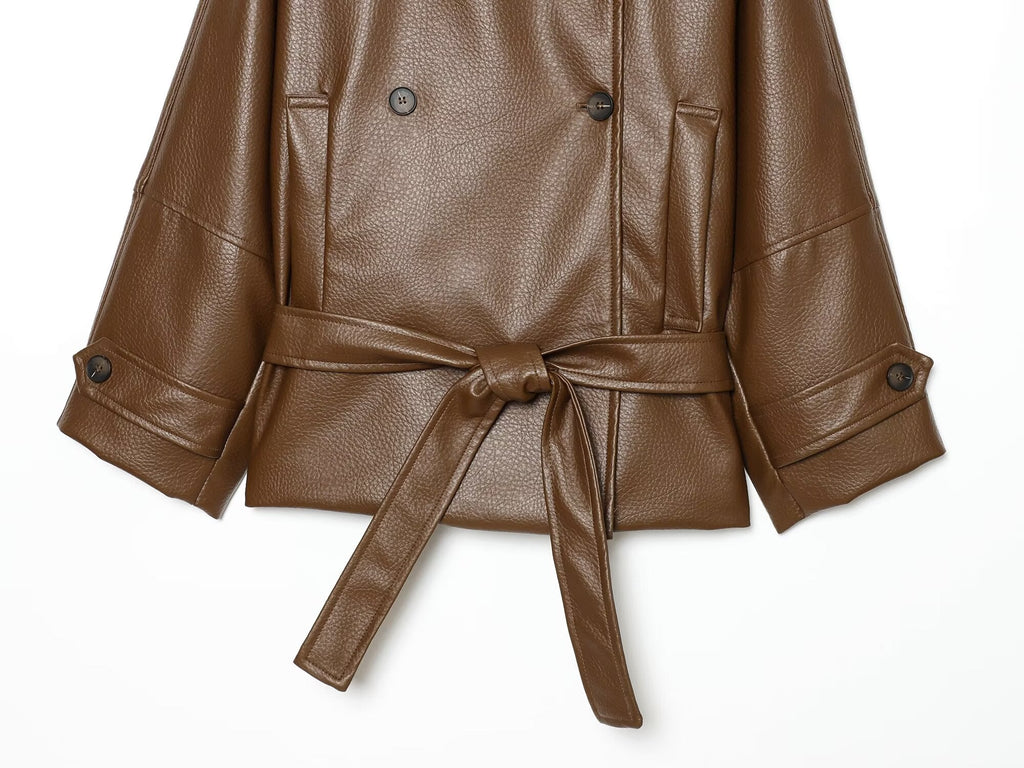 Women's waist belt imitation leather windbreaker jacket