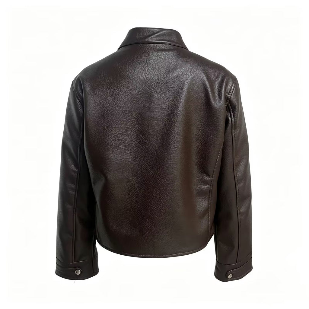 Women's button decoration short Faux Leather jacket Coat