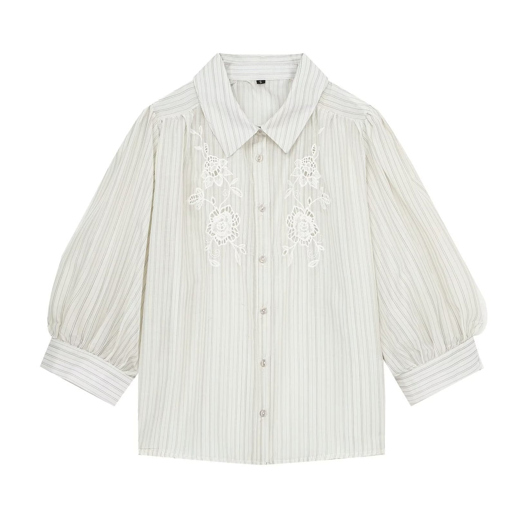 Women's hollowed out embroidered striped shirt