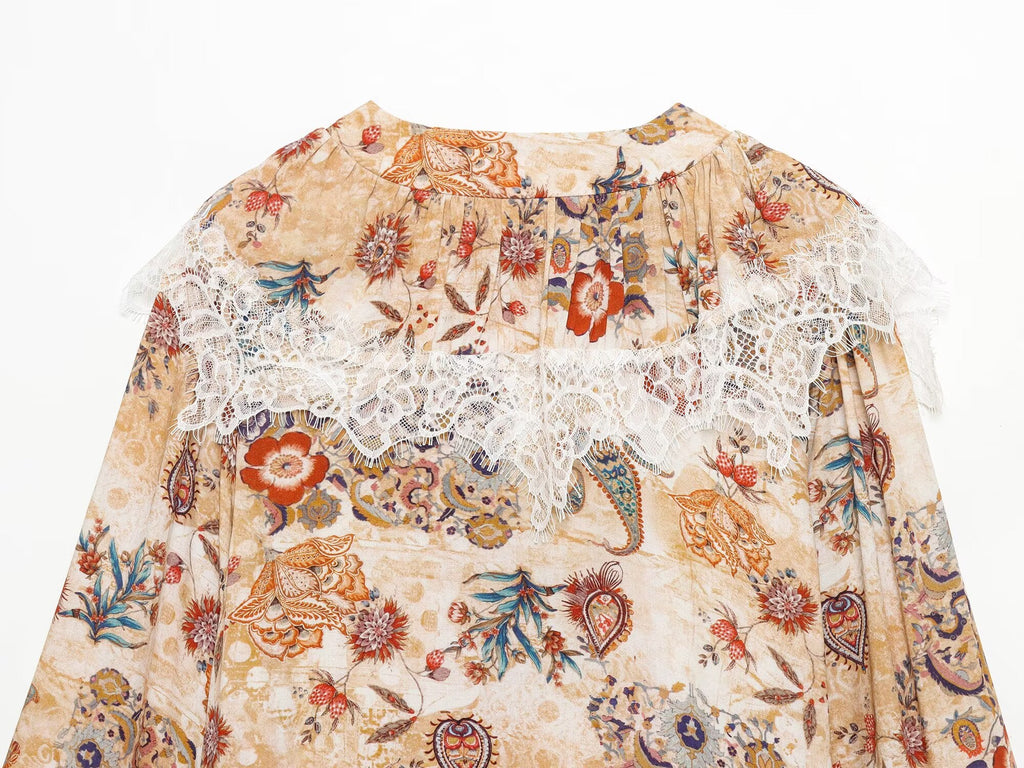Women's lace decorative printed mini dress