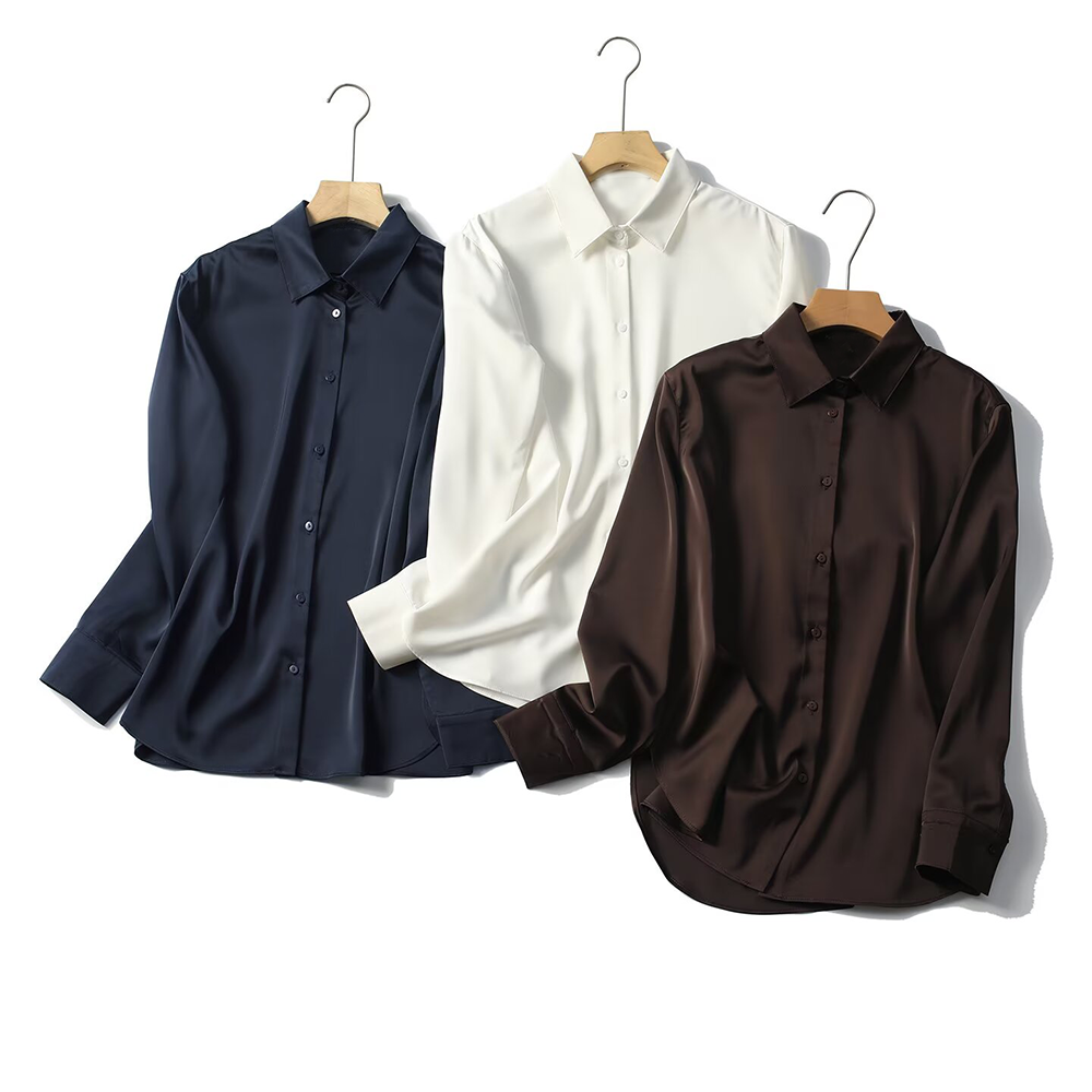 Women's loose satin textured long sleeved shirt