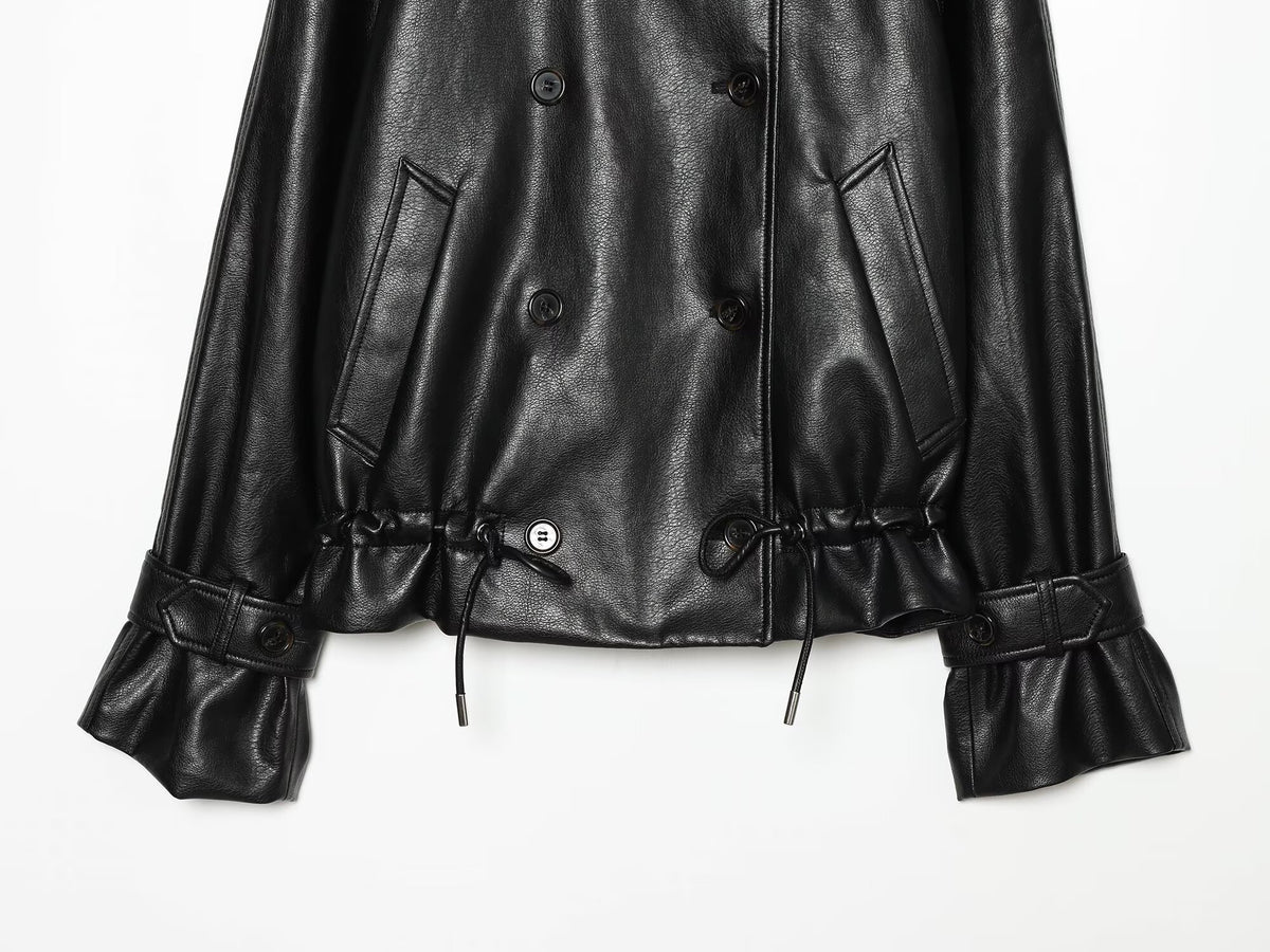 Women's black double breasted Imitation leather jacket