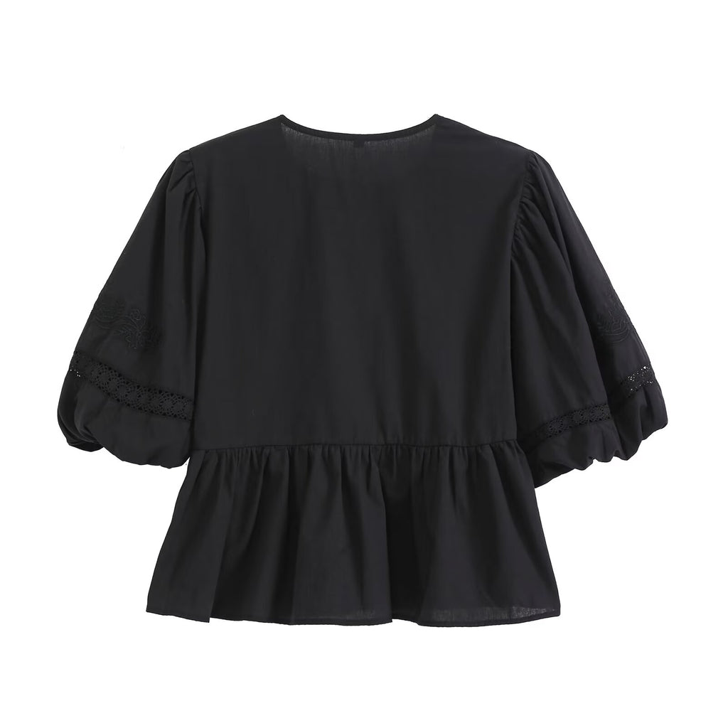 Women's hollowed out embroidered balloon sleeve shirt