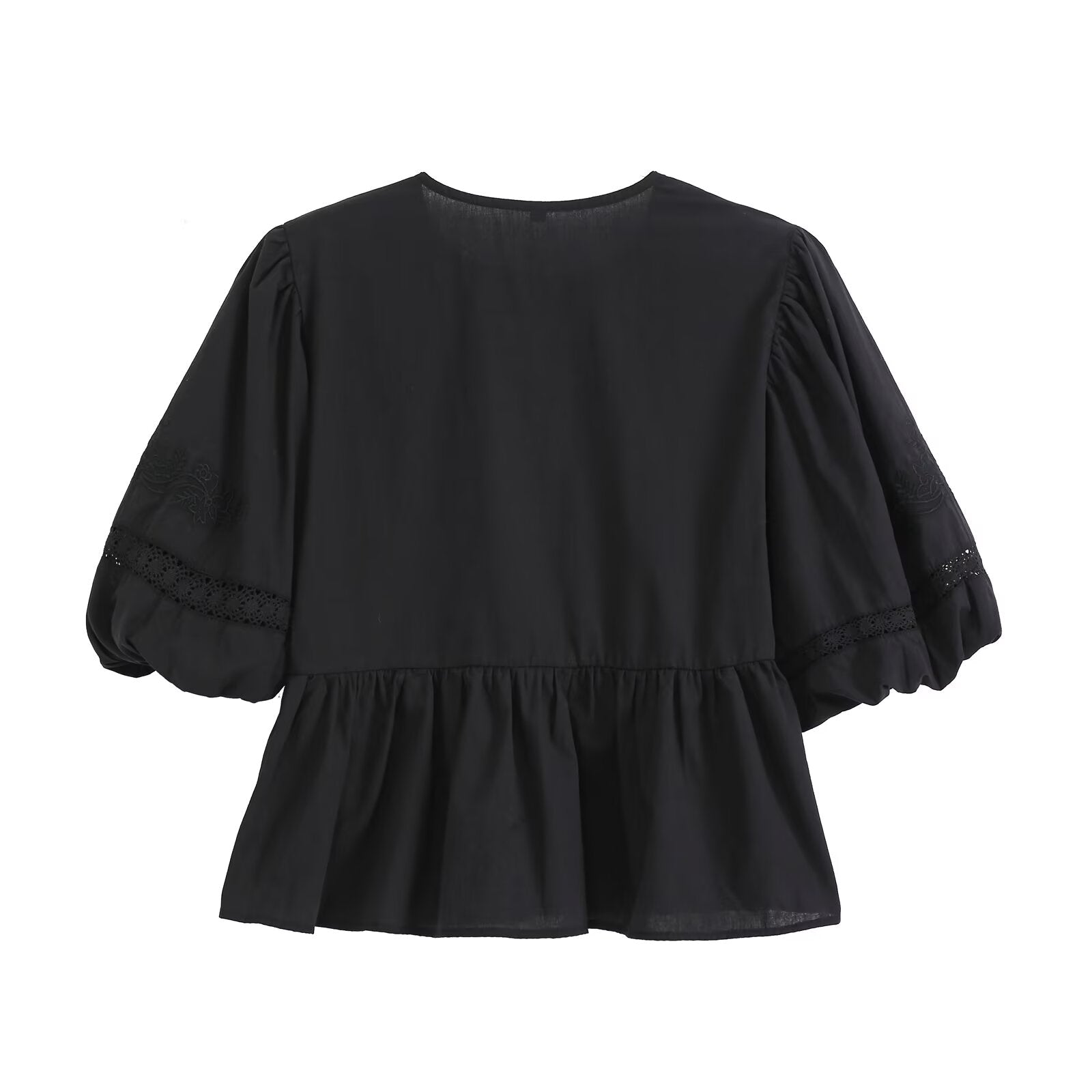 Women's hollowed out embroidered balloon sleeve shirt