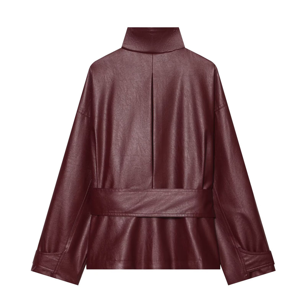 Women's with belt standing collar faux leather Coat