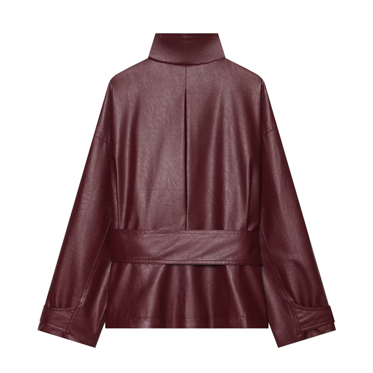Women's with belt standing collar faux leather Coat