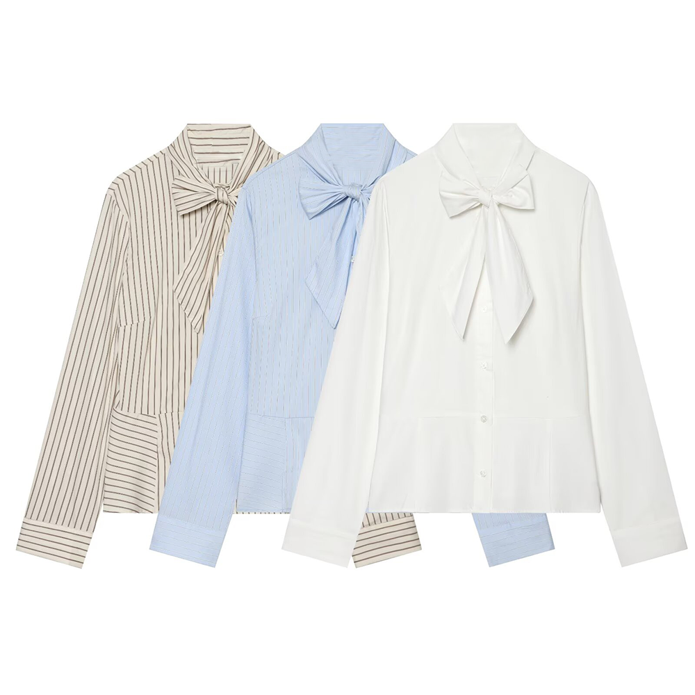 Women's bow decoration stand collar striped shirt