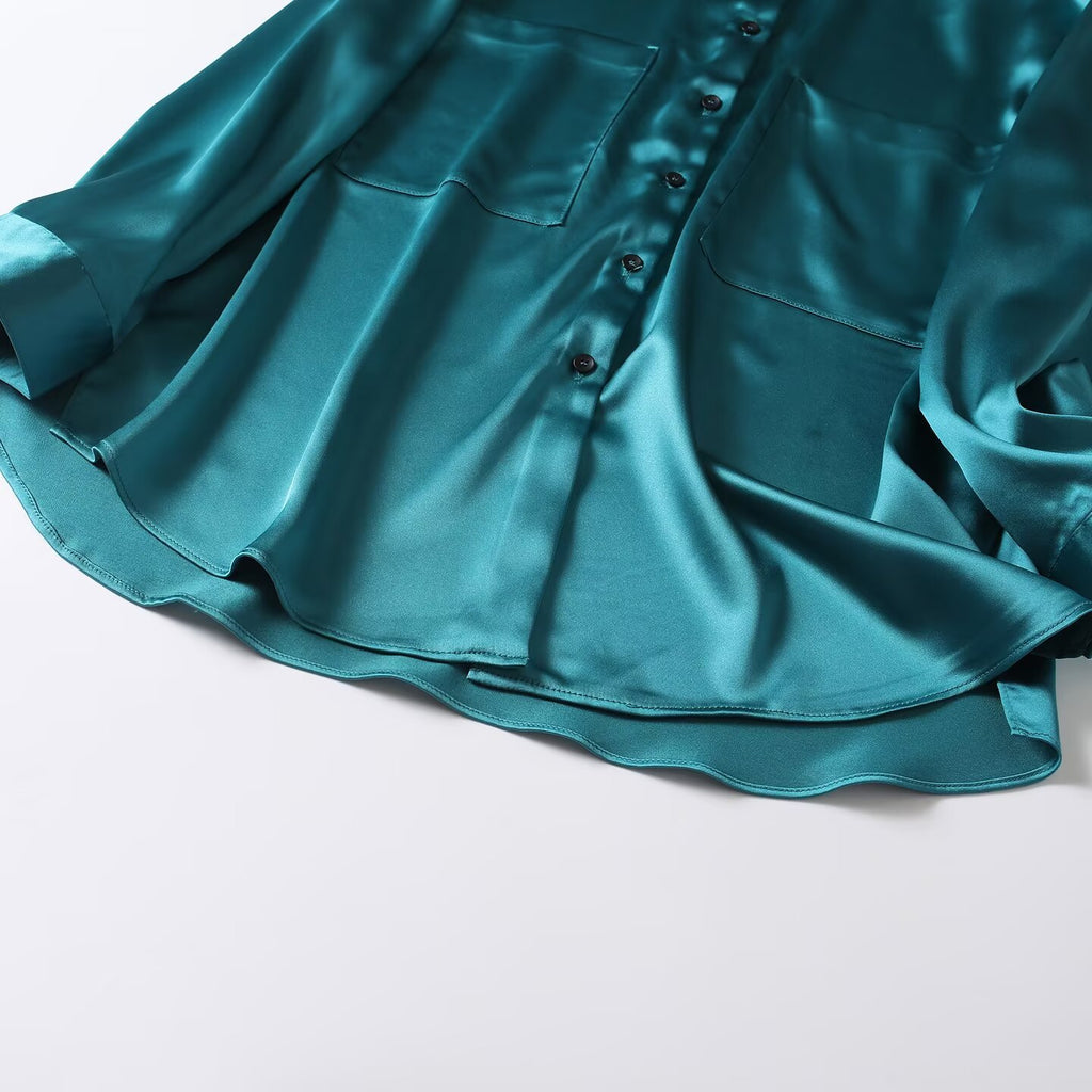 suit Women's 2 pieces loose satin textured shirt+A-line skirt