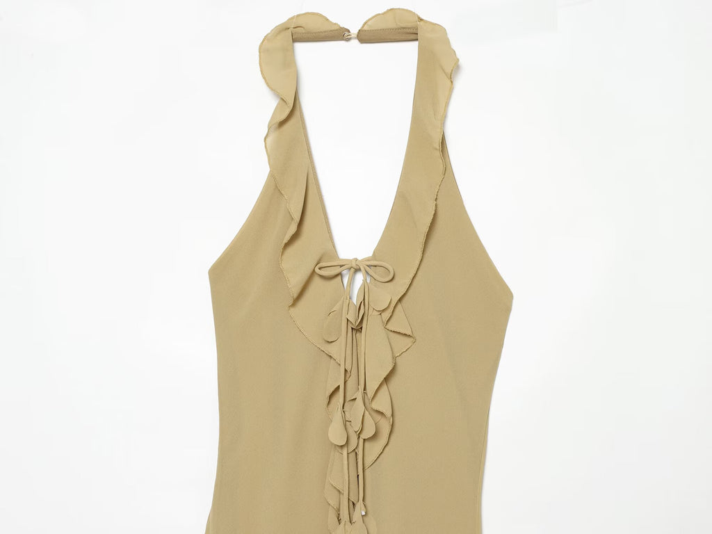 Women's asymmetrical hem hanging neck dress