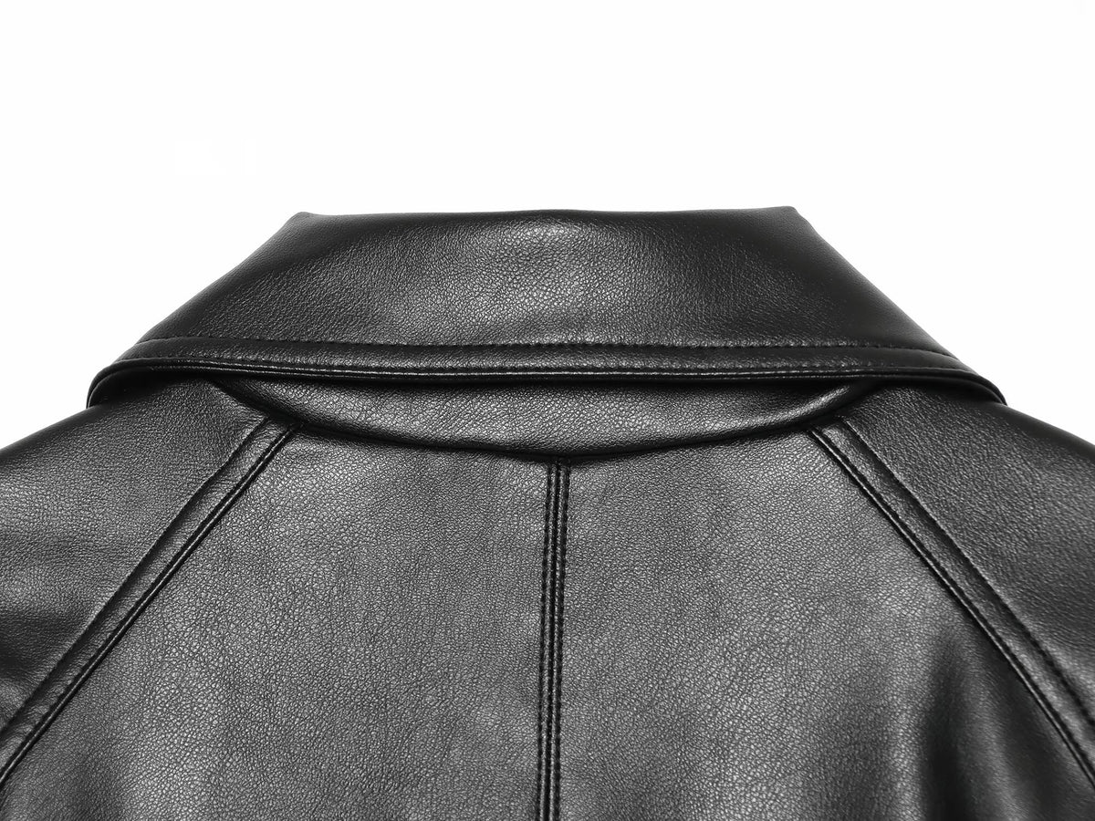 Women's long sleeved lapel leather effect jacket