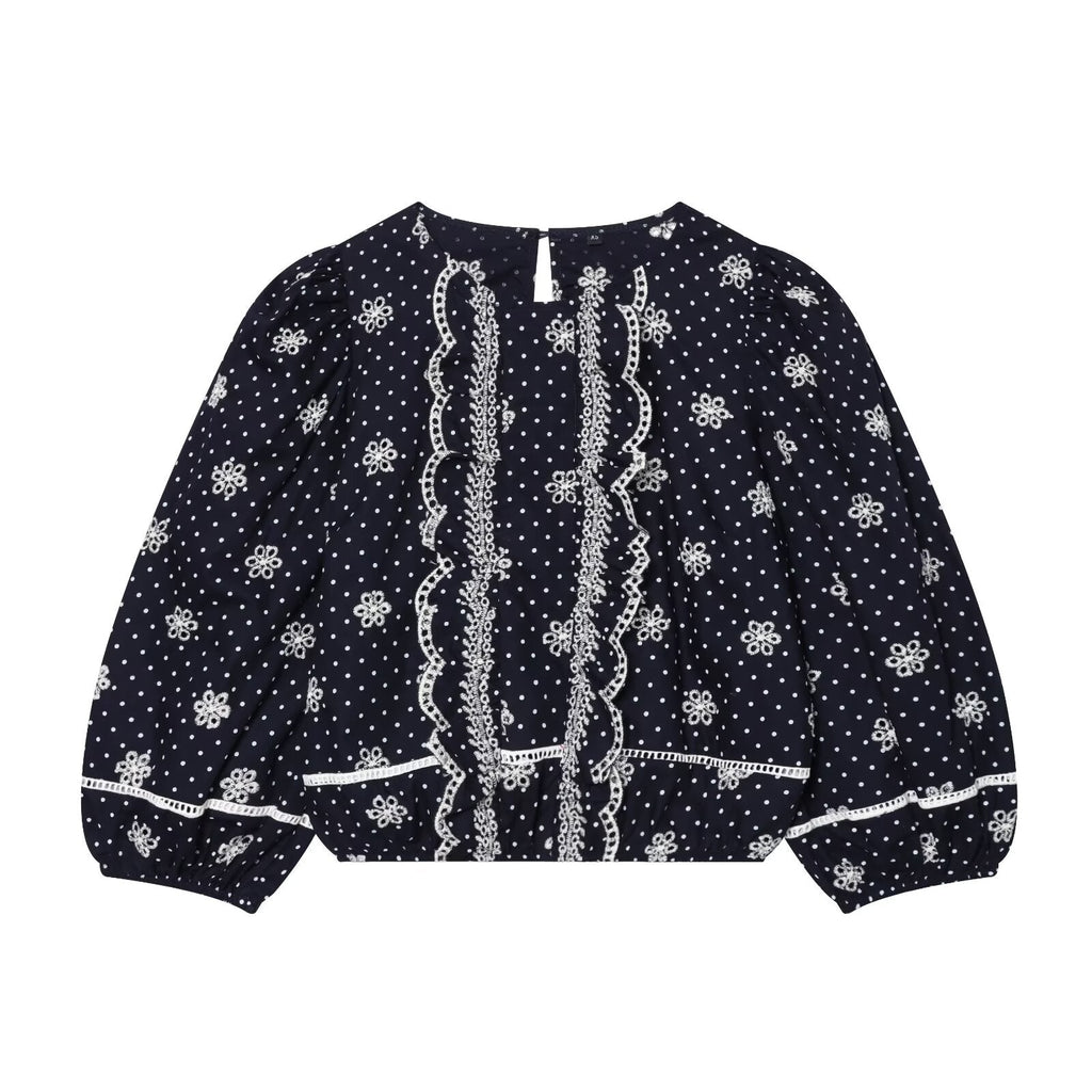 Women's hollowed out embroidered polka dot shirt