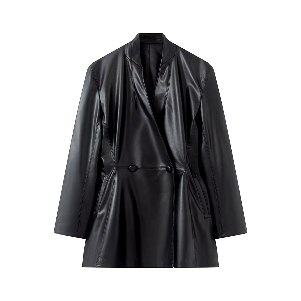 Women's slim double breasted faux leather Blazer Coat
