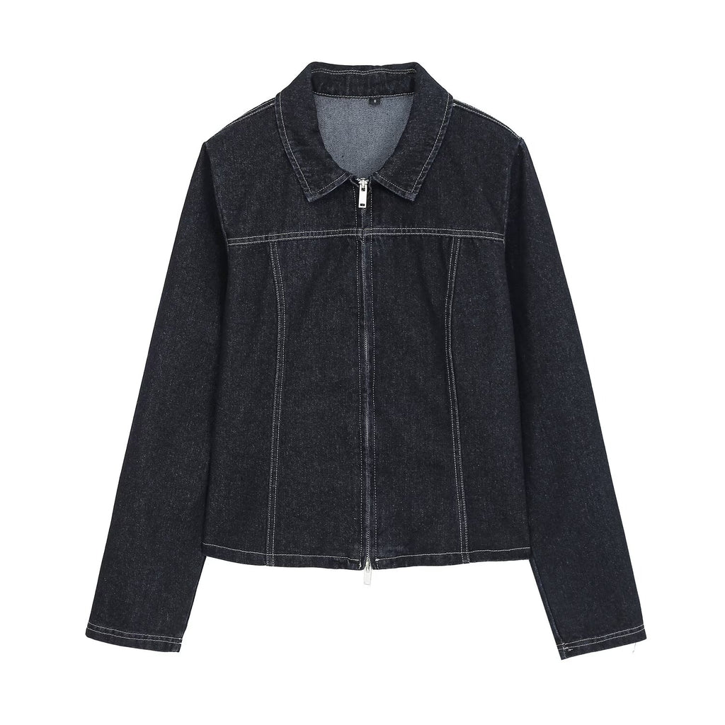 Women's double zipper design slim denim shirt