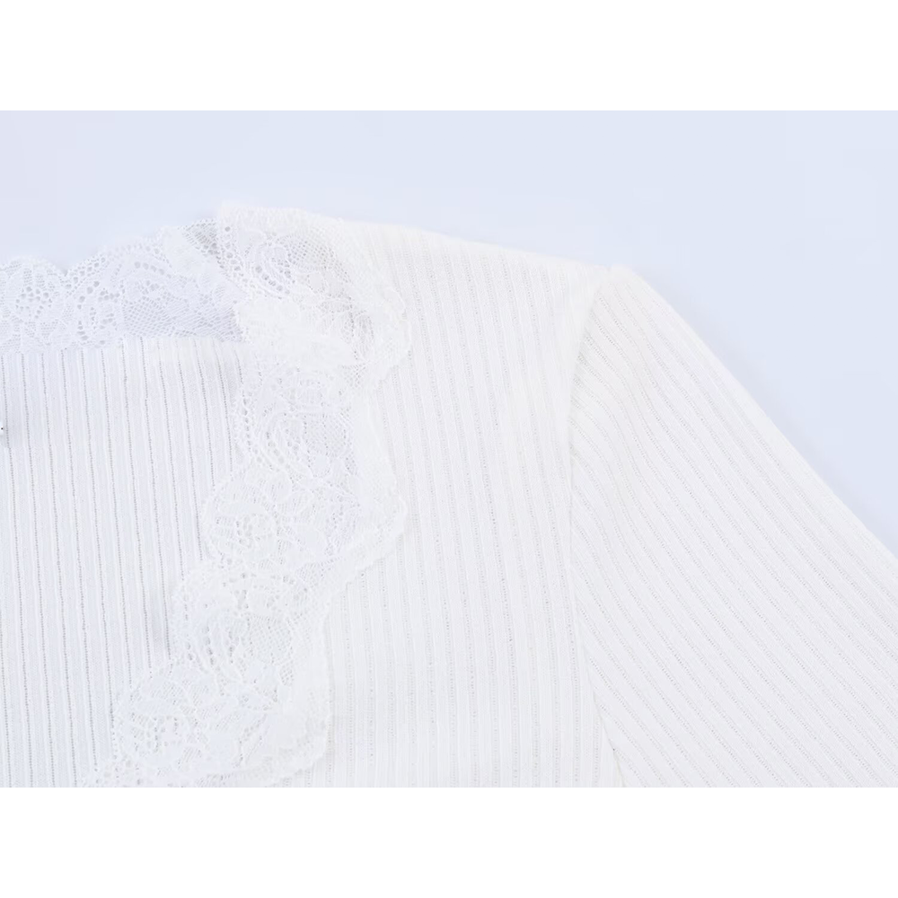 Women's slim V-neck lace ribbed T-shirt