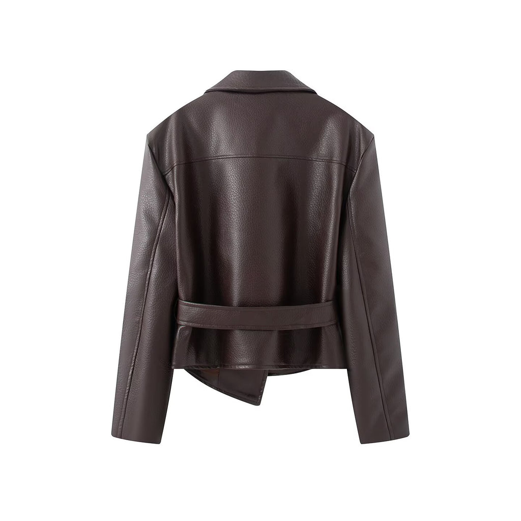 Women's With Belt Lapel faux leather Coat