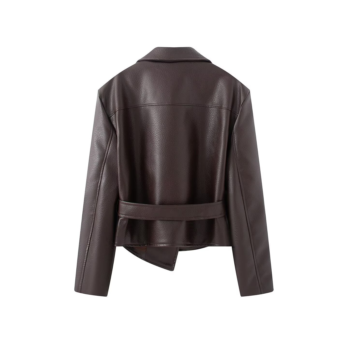 Women's With Belt Lapel faux leather Coat
