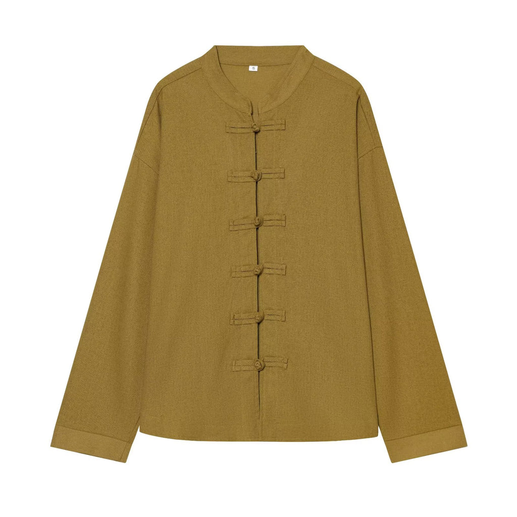suit Women's 2 pieces loose rope knot buckle linen blend shirt+Pants