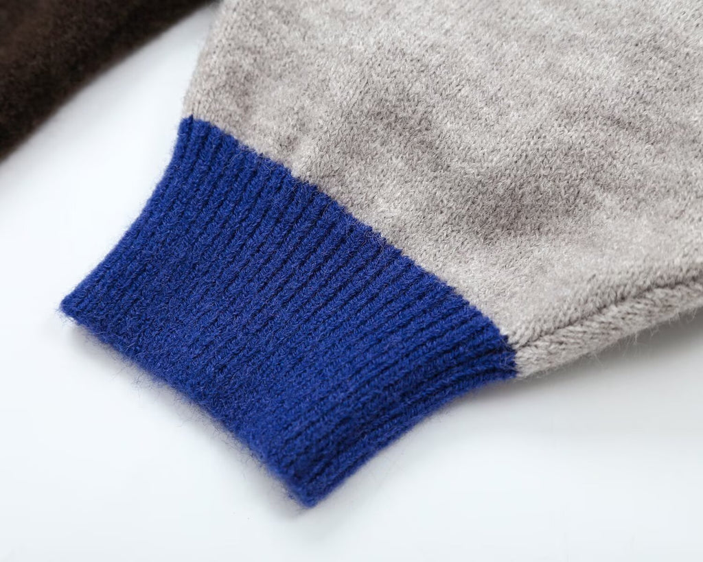 Women's round neck color blocked knitted sweater