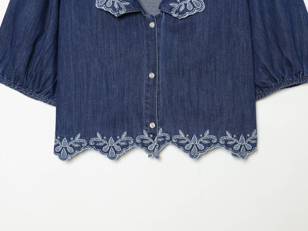 Women's embroidered short denim shirt