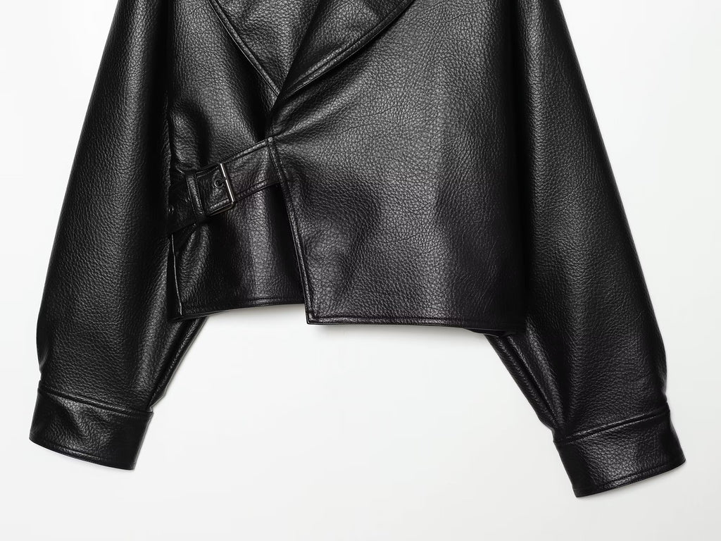 Women's metal buckle decorative lapel faux leather jacket