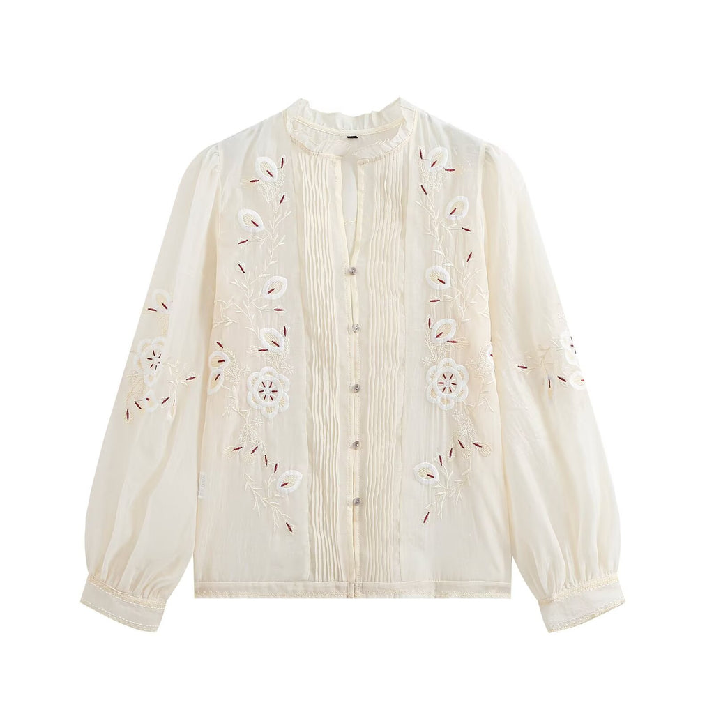 Women's floral embroidery transparent stiff yarn shirt