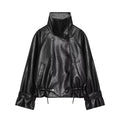 Women's black double breasted Imitation leather jacket