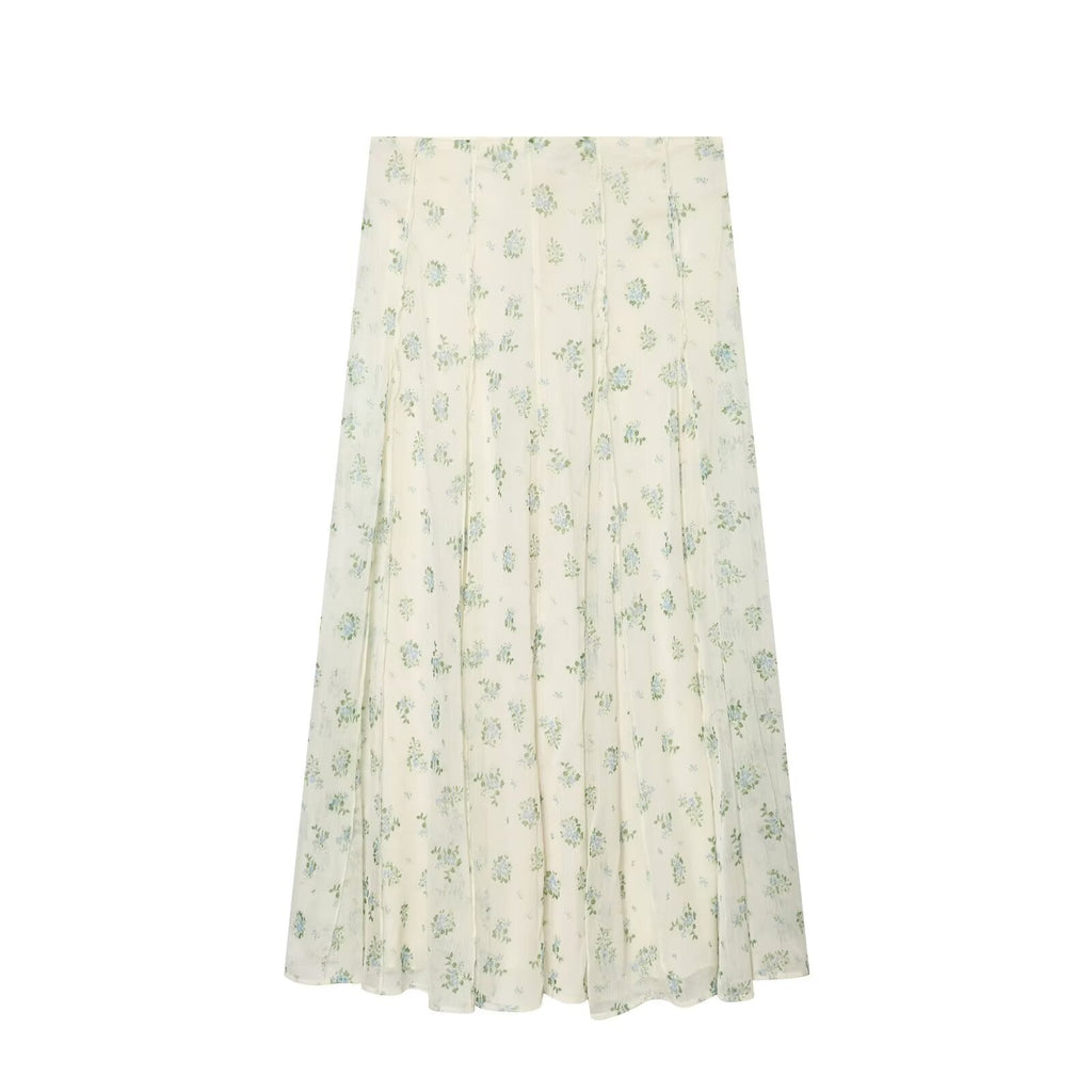 suit Women's 2 pieces chiffon floral A-line MIDI skirt+floral top