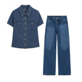 suit Women's 2 pieces short sleeved denim shirt+low waist wide leg jeans