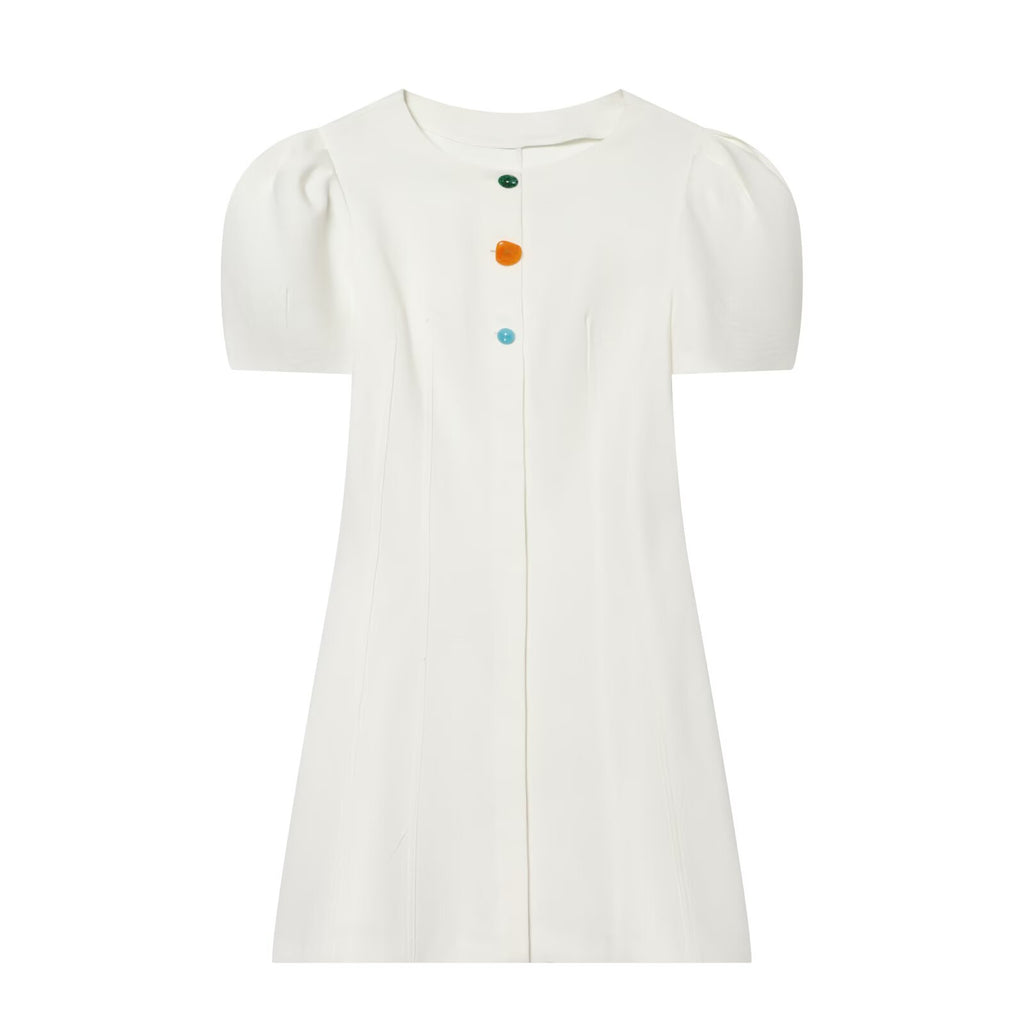 Women's button decoration bubble sleeve mini dress