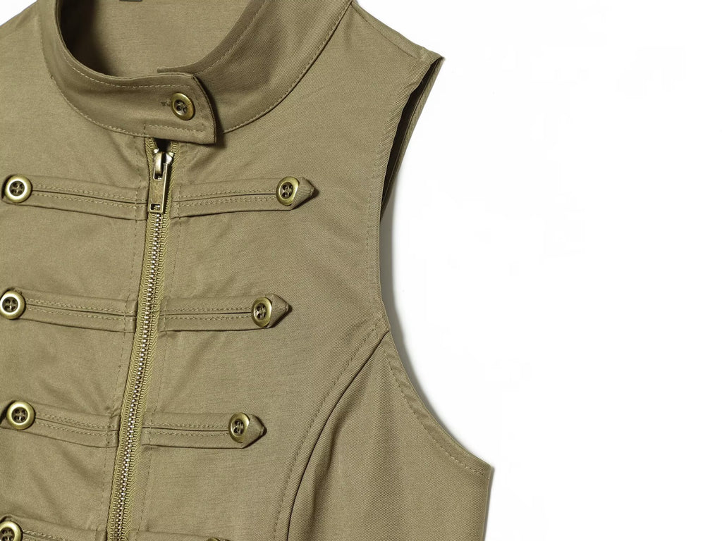 suit Women's 2 pieces buckle decoration short zipper vest+shorts
