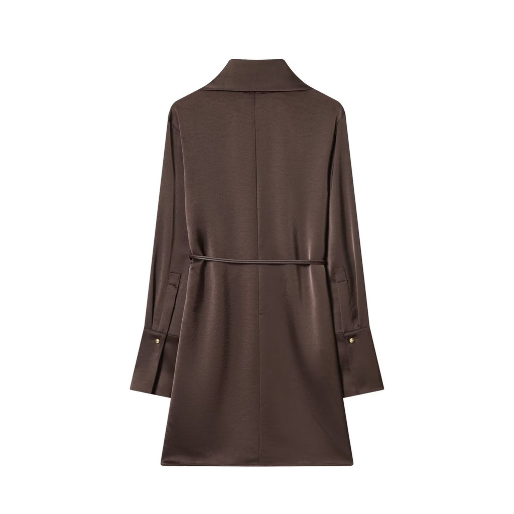 Women's With Belt Half High Neck Satin Texture Dress